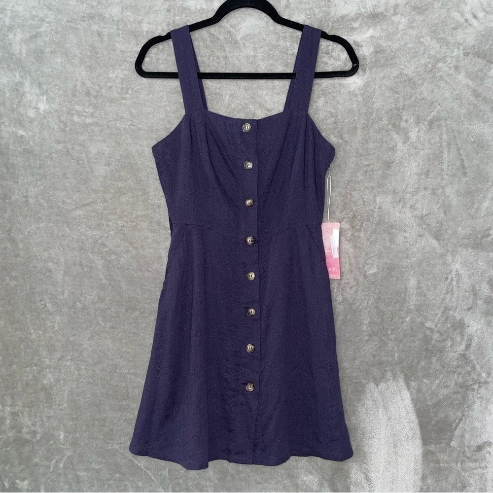 NWT Fashion on Earth Navy Blue Linen Blend Button Front Mini Sundress Small
